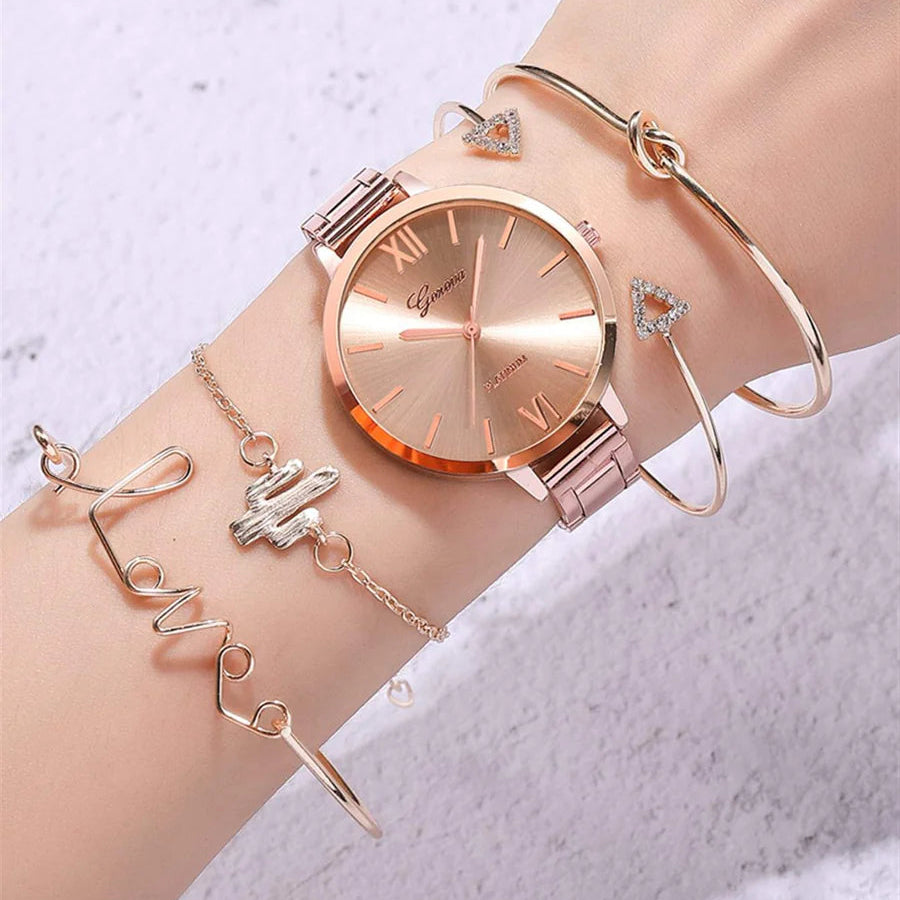 1pc Round Pointer Quartz Watch & 4pcs Bracelet